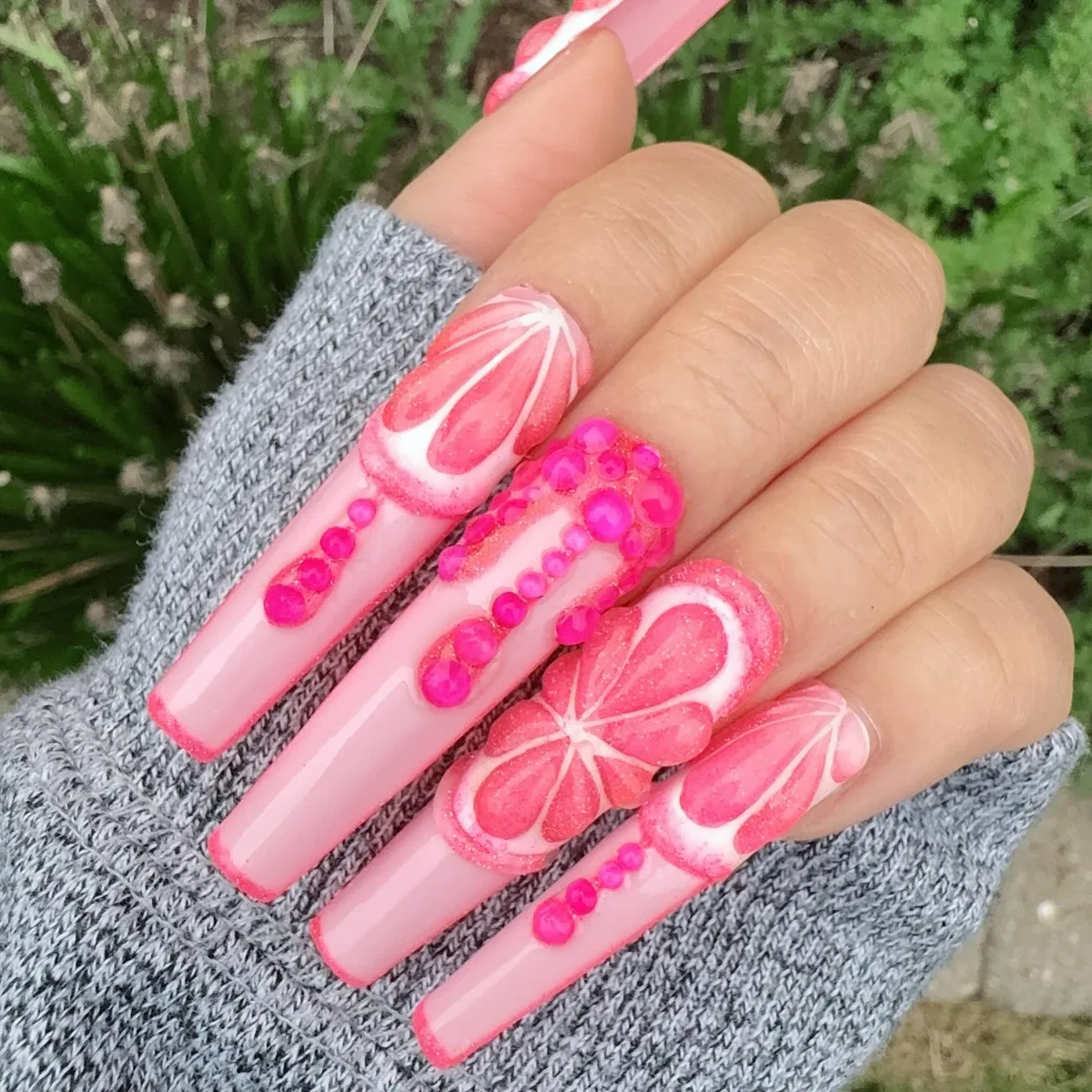 Bright pink long nail art